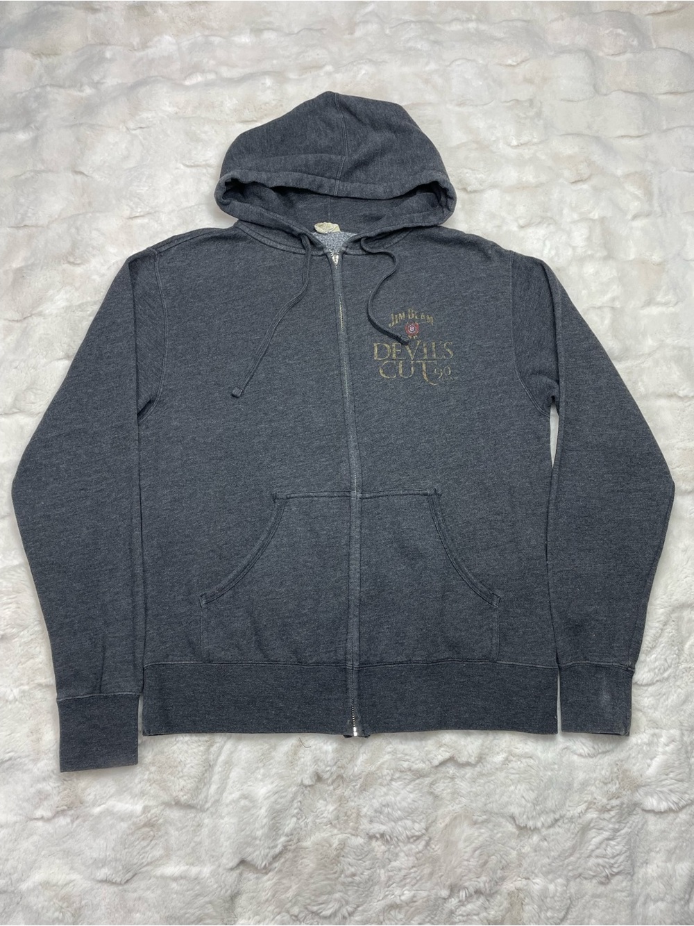 🔥Jim Beam devils Cut Charcoal Gray Zip Up Hoodie Retro Streetwear Grunge Mens M